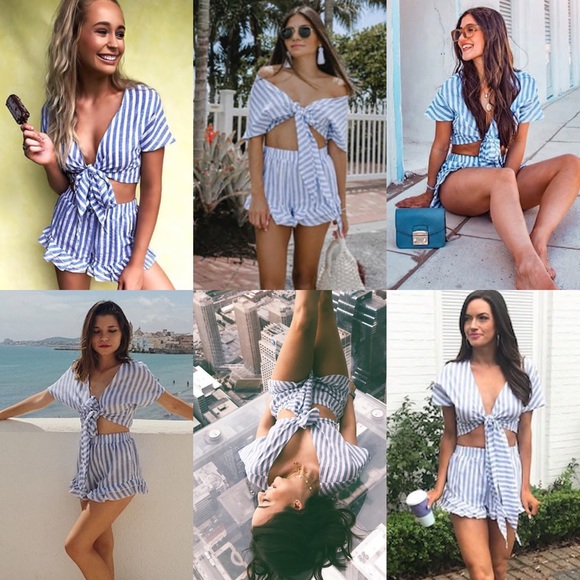 Crop top & frill shorts set blue white striped - Picture 5 of 8